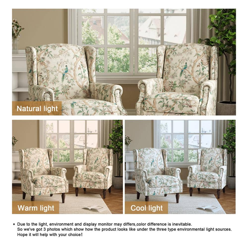 Bird Pattern Linen Upholstered High Back Accent Arm Chair with Nailhead Trim(Set of 2)