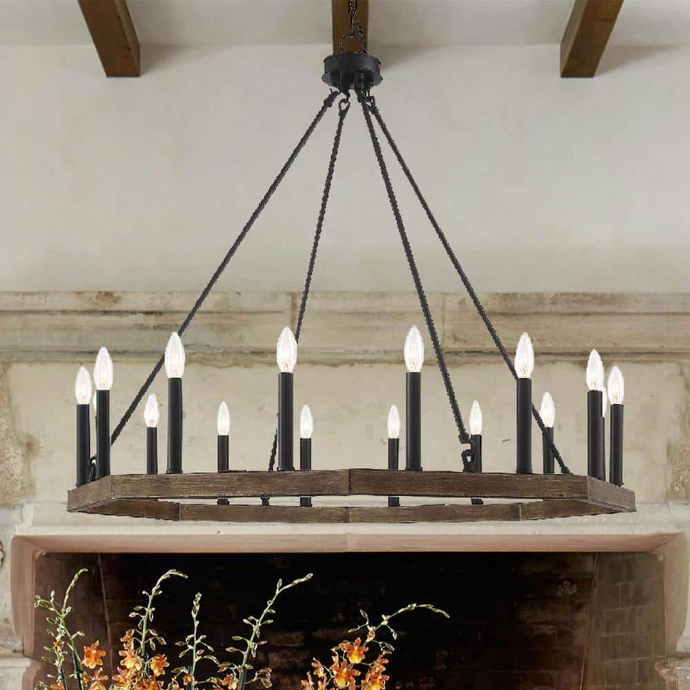 Vanity Art 10586DW-BK 39.75 x 39.75 x 38 in. 16-Light Candle Style Wagon Wheel Chandelier, Darkwood & Black