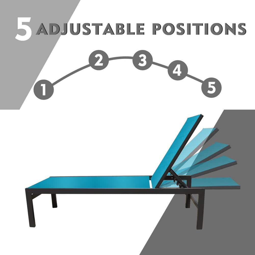 Modern Full Flat Aluminum Patio Reclining Adjustable Chaise Lounge with Blue Sunbathing Textilence, 2-Pack