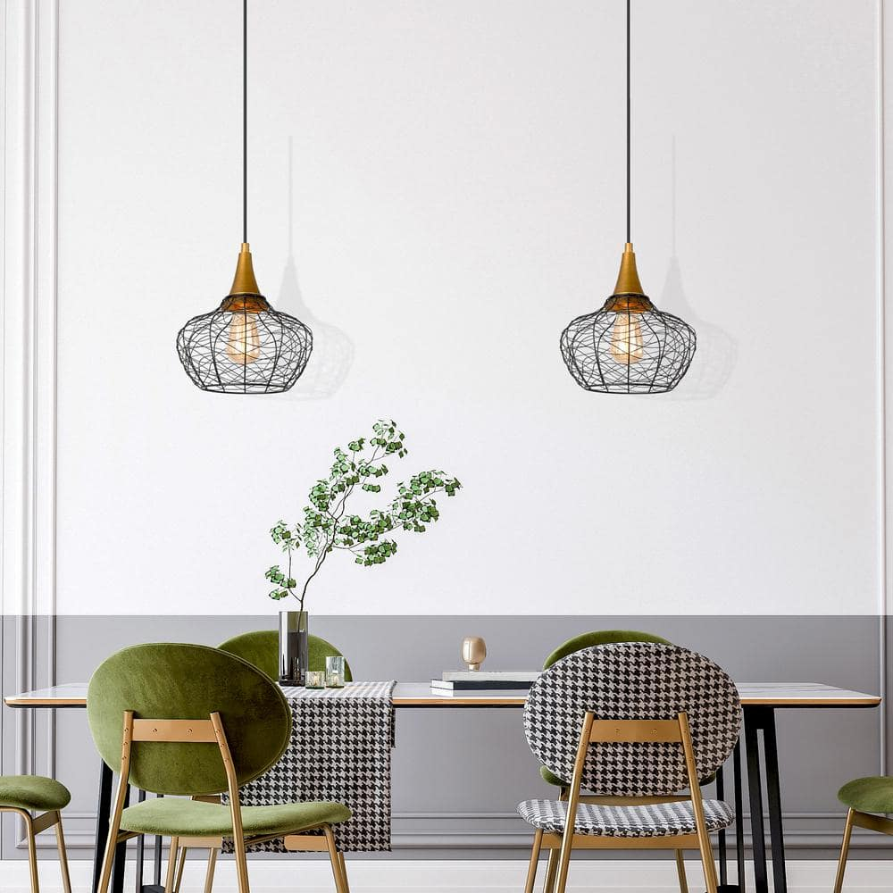 Modern Industrial Black and Brass Geometric Cage Pendant Light