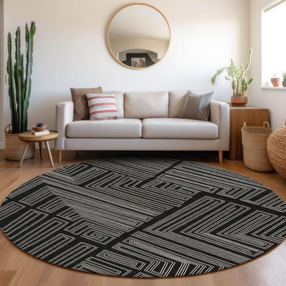 Chantille Machine Washable Indoor/Outdoor Abstract ACN1045 Black 8 ft. x 8 ft. Area Rug