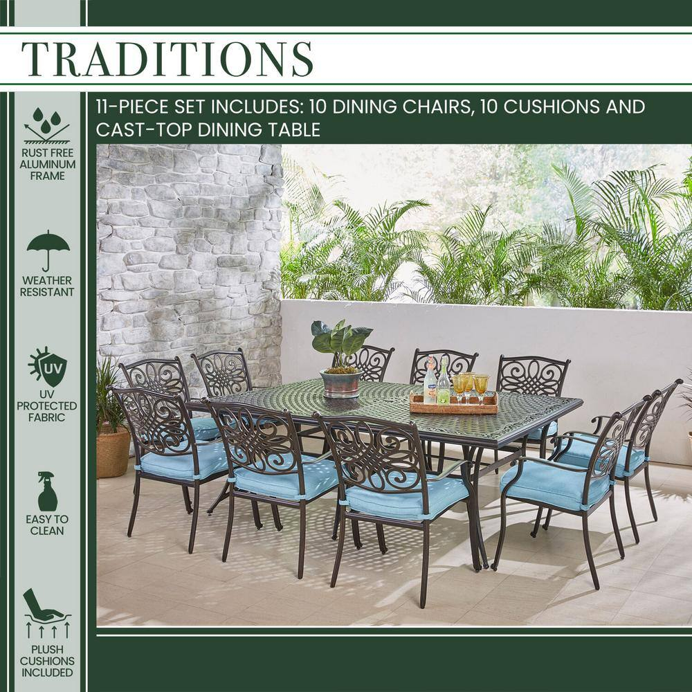 Hanover Traditions 11-Piece Aluminum Outdoor Dining Set, Blue