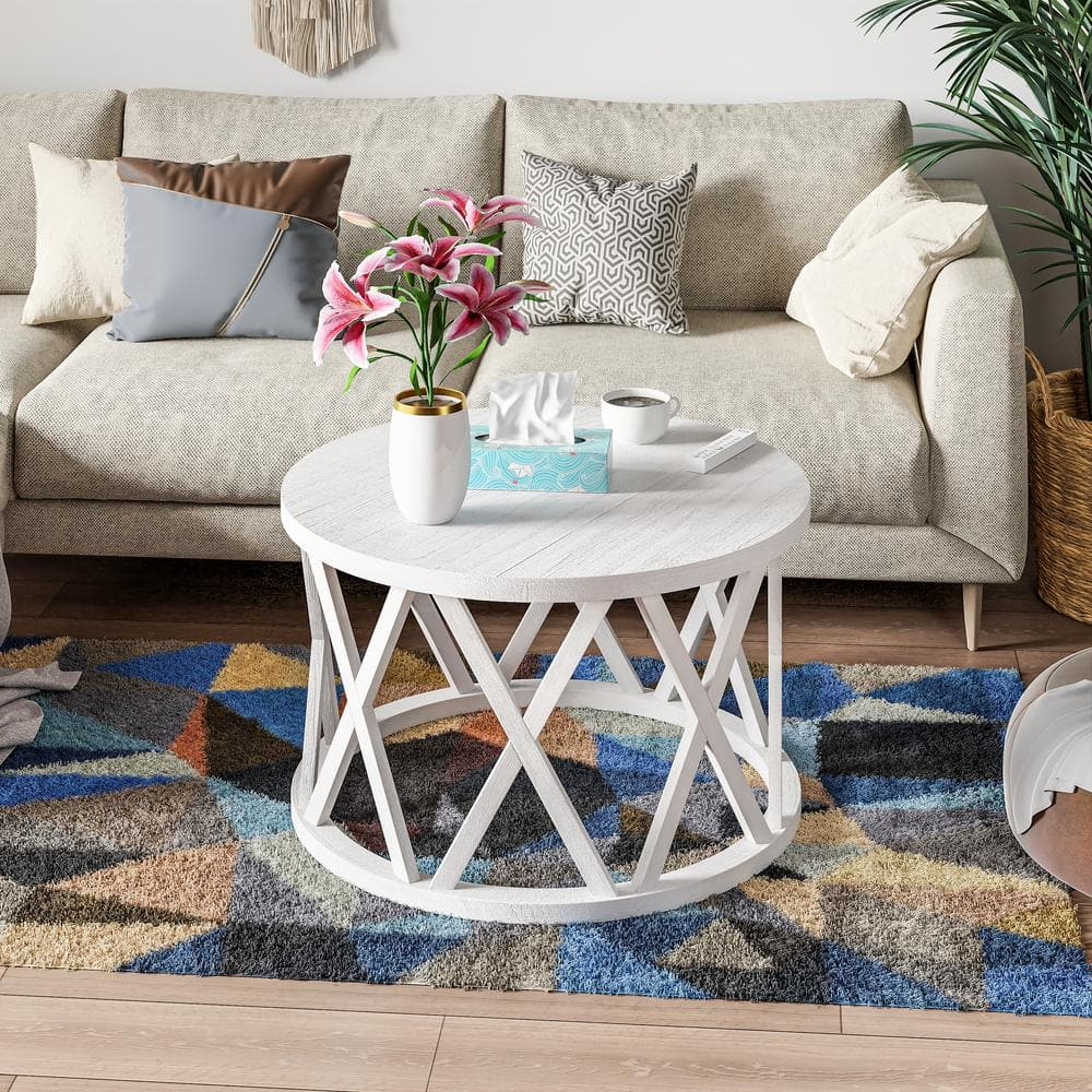 COZAYH Farmhouse Coffee Table, Rustic Round Coffee Table with X-Motifs Legs, Wood Textured Top, for Boho, French Country Decor, Antique White