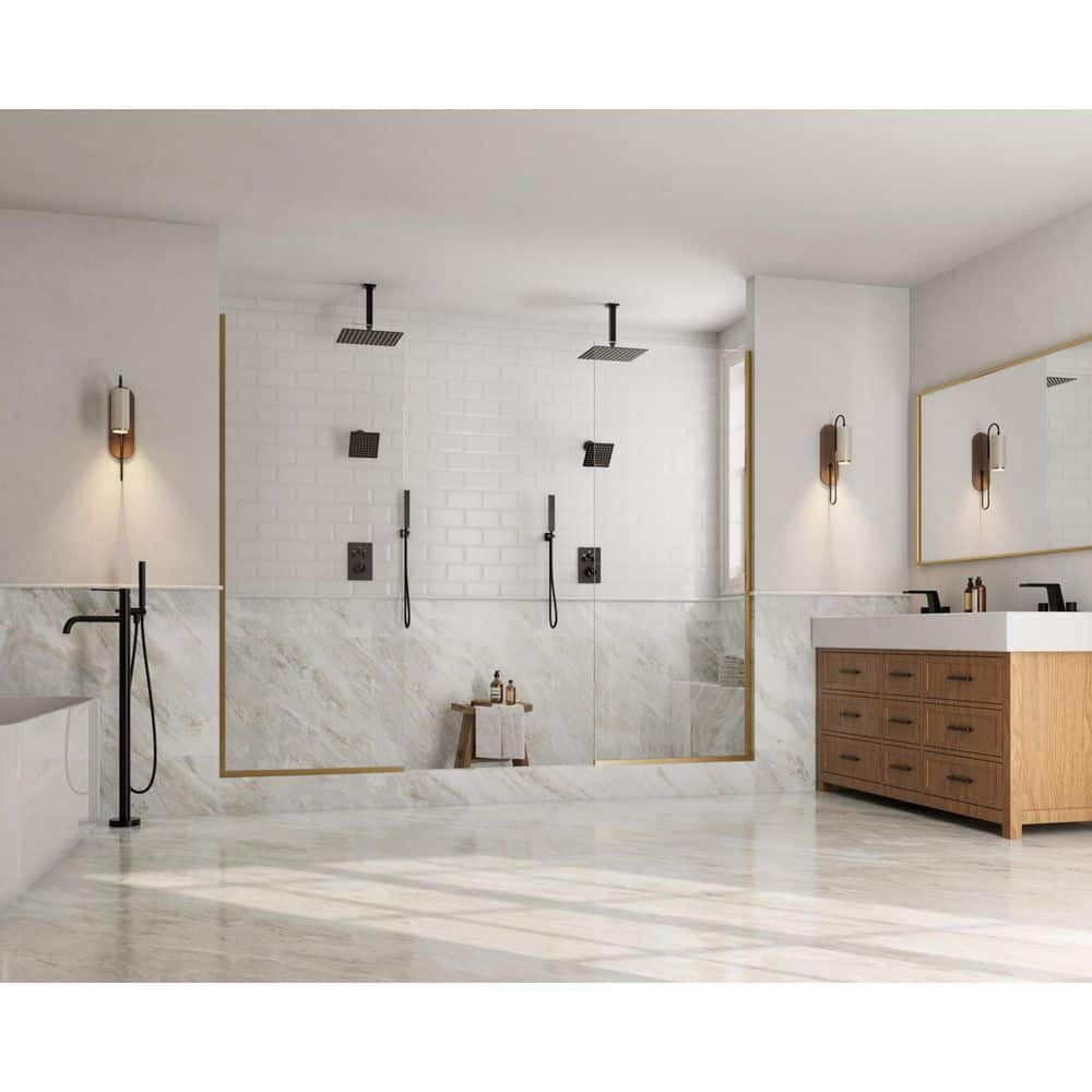 GRANDJOY Dual Wall Mount Rainfall Shower Head System Luxury Adjustable 12 inch & 6 inch Shower Faucet Set with Handheld Shower Spray Thermostatic Pressure Balance Value, Matte Black