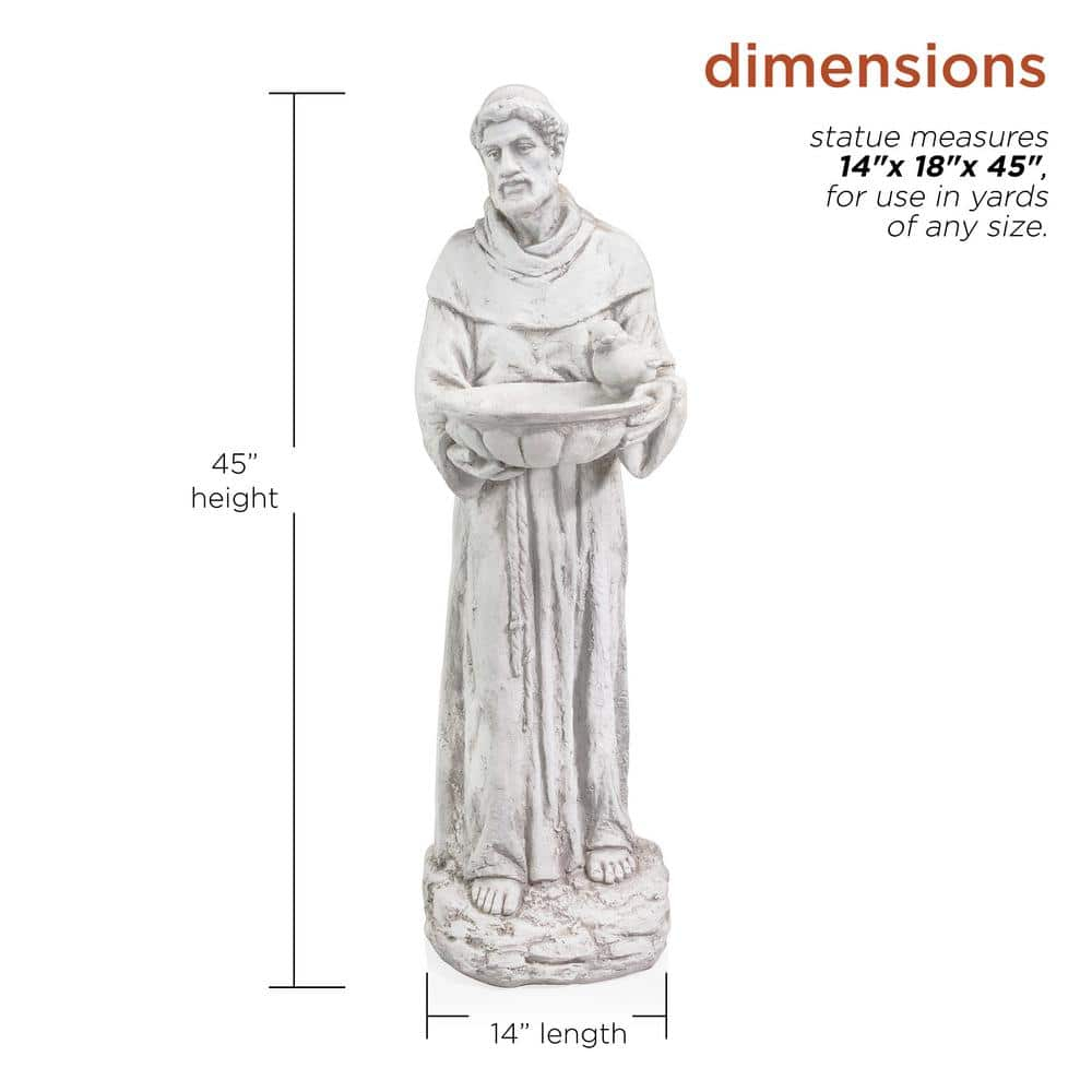45 in. Tall Outdoor Saint Francis Birdbath Statue Yard Art Decoration, Light Gray