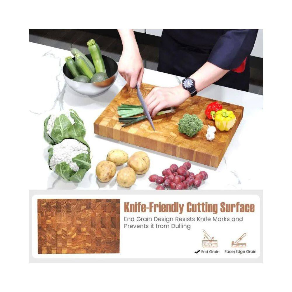 18" x 12" Natural Teak Wood Rectangular Cutting Board with End Grain Design