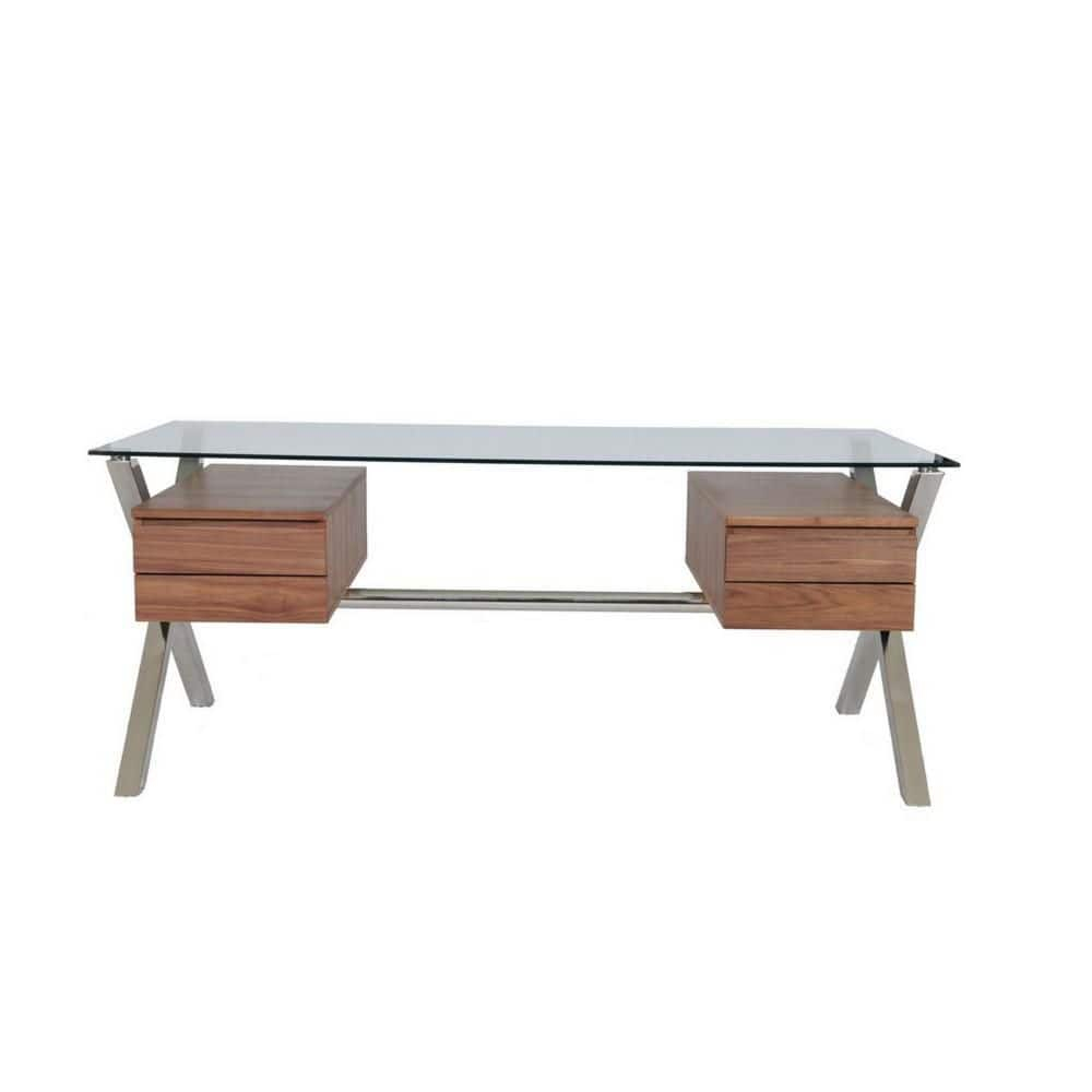 Benjara Tia 71 Inch Large Office Desk, Glass Tempered Top, 4 Drawers, Light Brown