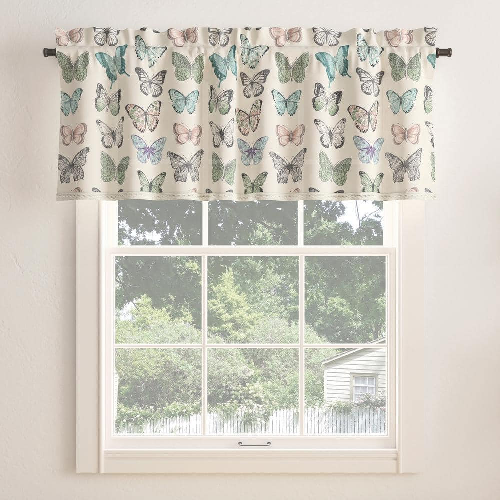 No. 918 Magdalena Butterfly Print Embroidered Trim Semi-Sheer Rod Pocket Curtain Valance, 54"x18", Blue