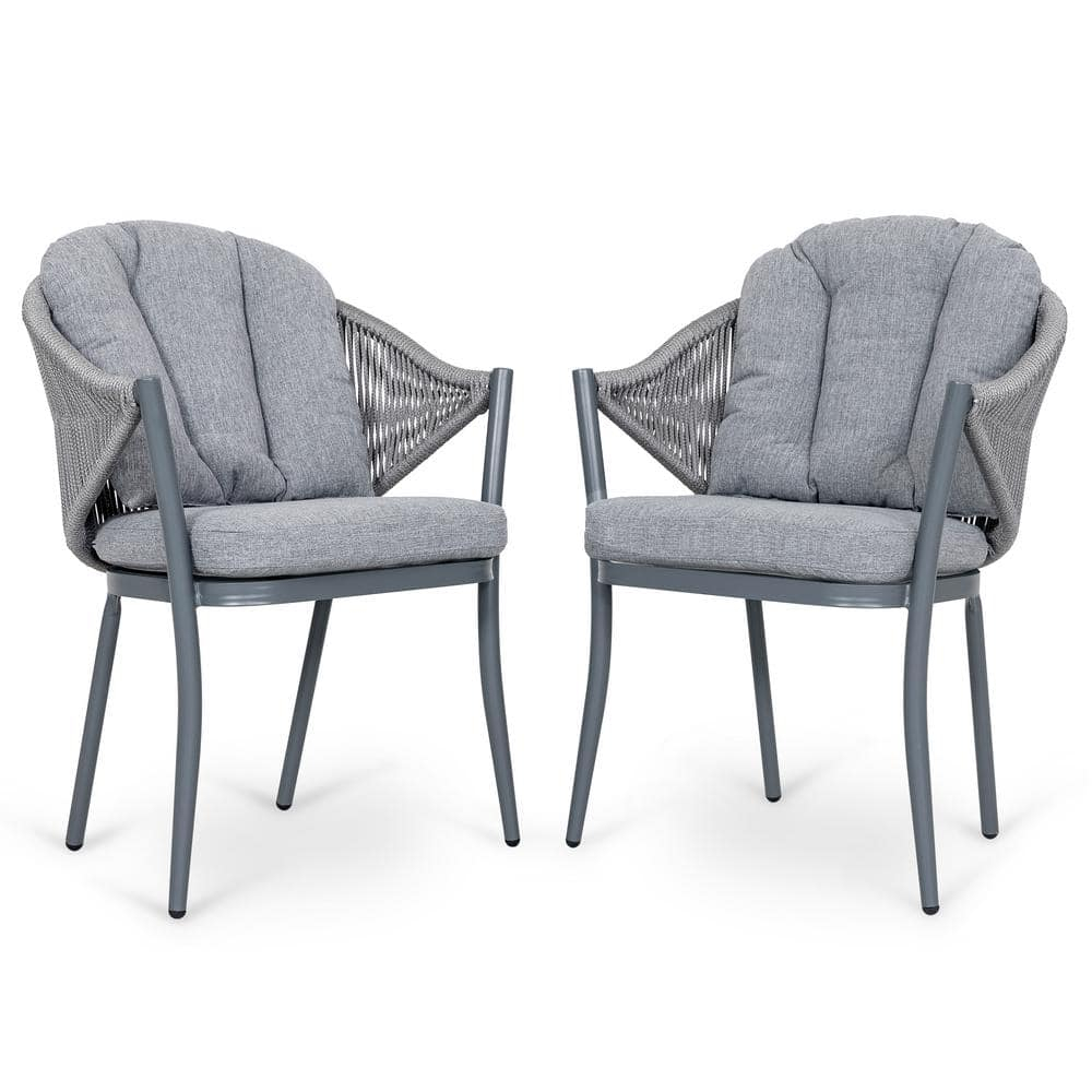 Nuu Garden Patio Dining Chairs Set of 2, Woven Rope Outdoor Dining Chairs, All-Weather Aluminum Arm Chairs with Cushions, No Assembly Light Grey