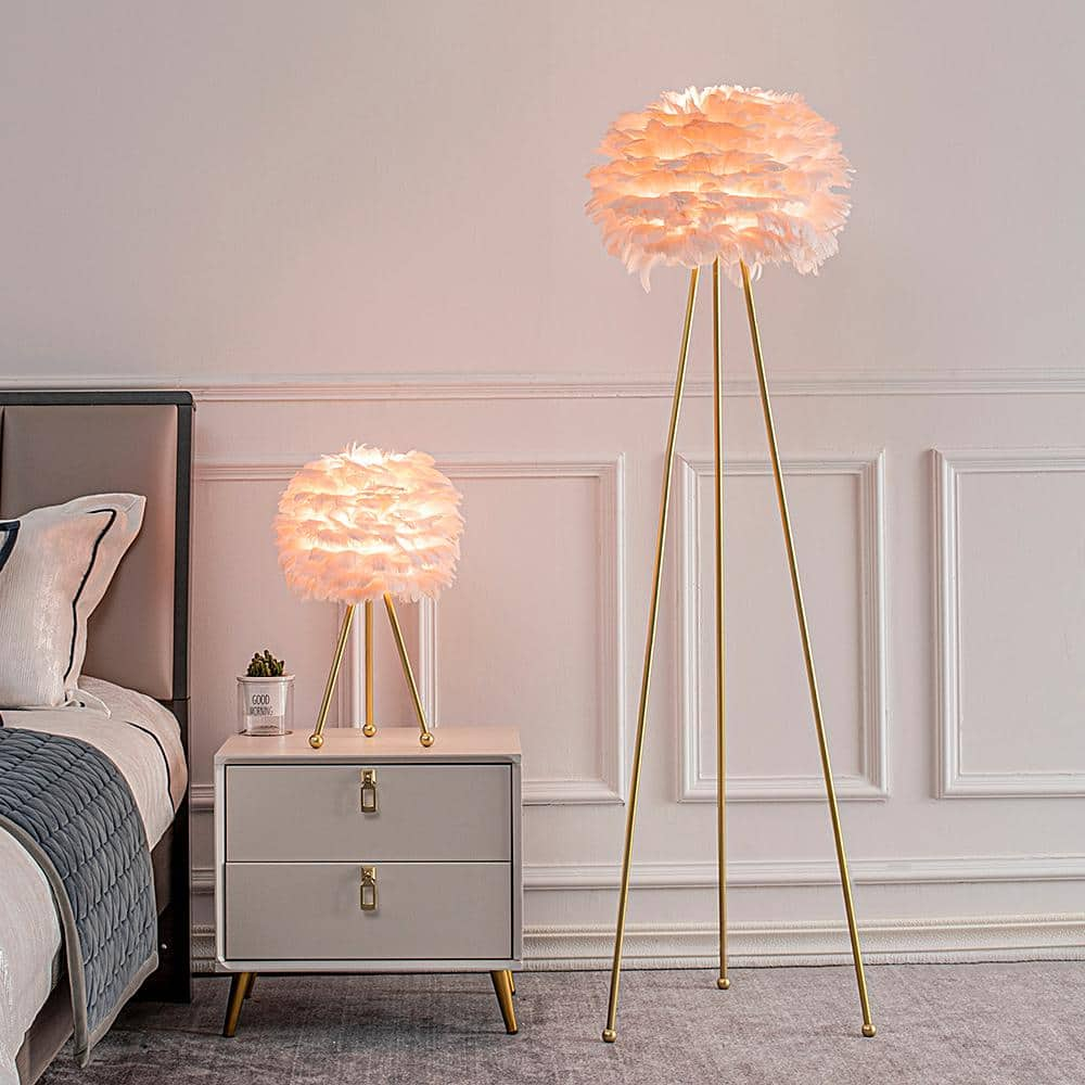 Maxax Feather Floor Lamp, Tripod Floor Lamp with Pink Feather Shade, Standing Light for Bedrooms/Dining Room/Living Room/Kitchen,Gold Classic