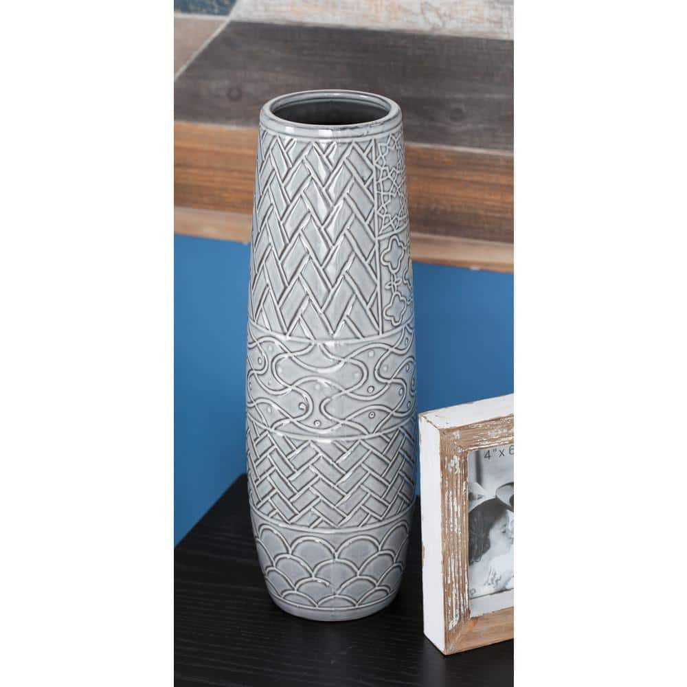 Ceramic Slim Engraved Patterned Decorative Gray Vase