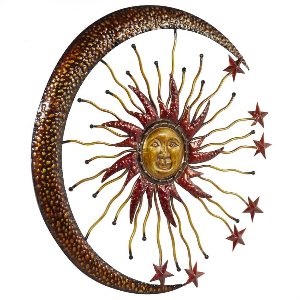 DecMode Copper Metal Indoor Outdoor Sun and Moon Wall Decor with Stars