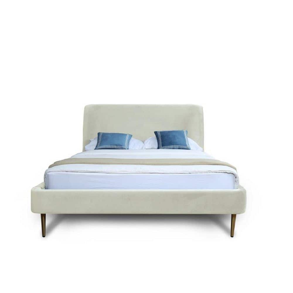 Manhattan Comfort Heather Velvet Queen Size Bed Frame in Cream/Gold