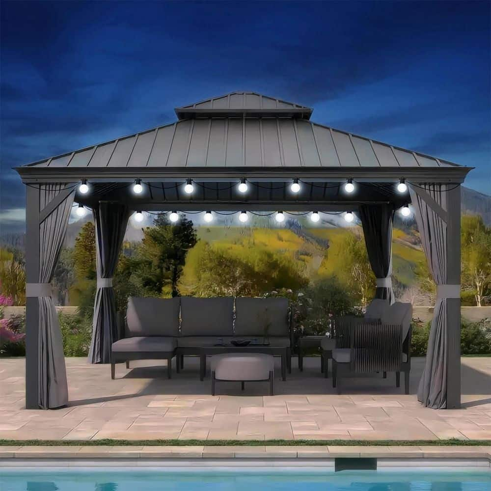 PURPLE LEAF 10' x 14' Hardtop Gazebo with String Lights Galvanized Steel Double Roof Gazebo with Aluminum Frames Outdoor Large Pavilion Gazebos for Patio Deck Garden, Light Grey