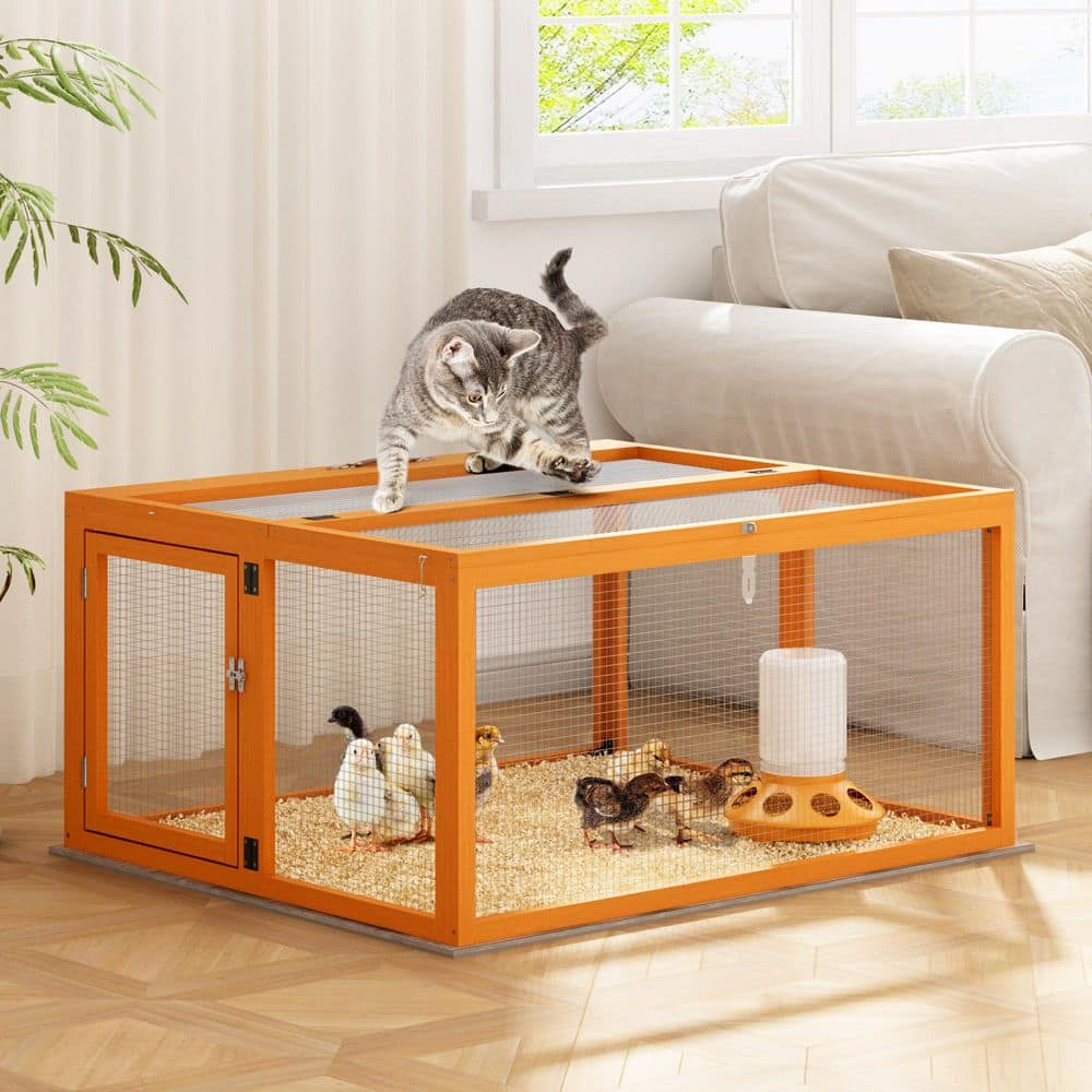 Coziwow Folding Chicken Coop, Wooden Rabbit Hutch for Small Animals with Roosting Bar, Orange