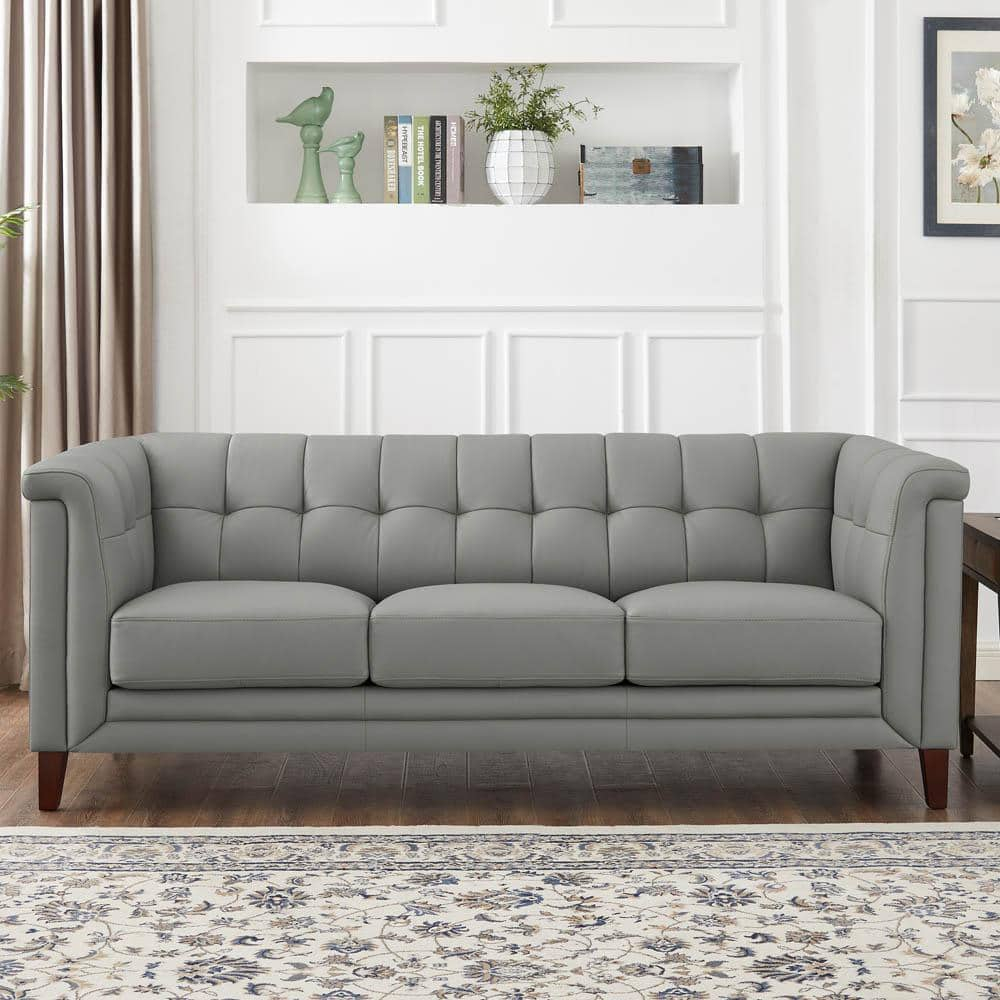 Arvo 84" Silver Gray Tufted Leather Sofa with Wood Legs