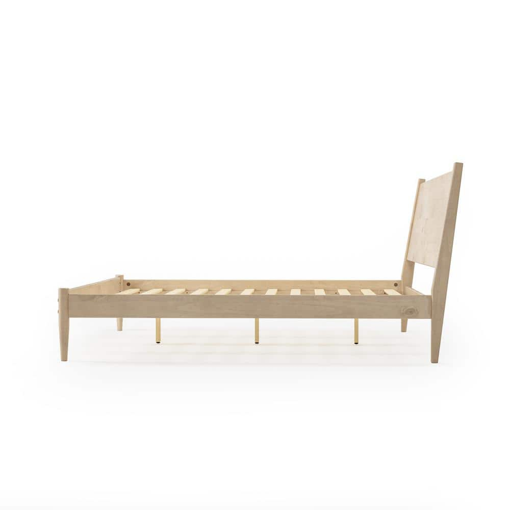 Mid-Century Light Oak King Pine Wood Upholstered Platform Bed