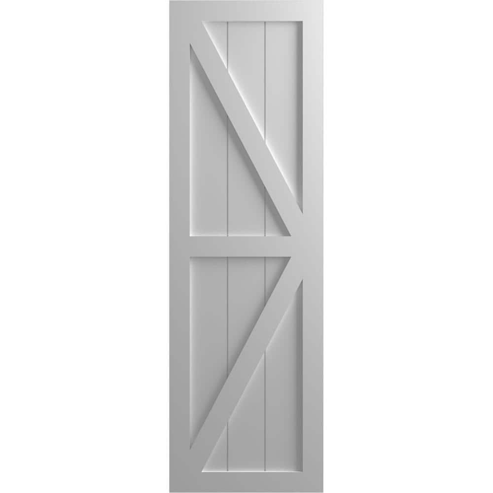 Ekena Millwork 12"W x 58"H True Fit PVC Two Equal Panel Farmhouse Fixed Mount Shutters w/ Z-Bar, Primed (Per Pair - Hardware Not Included)