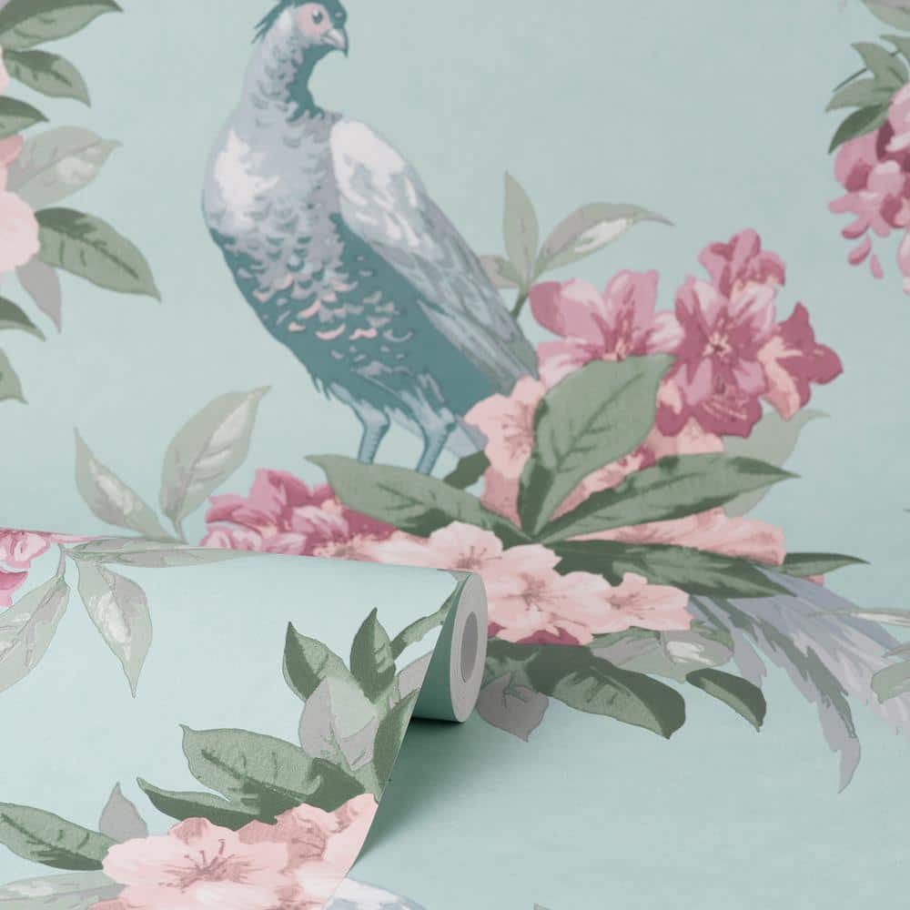 Brewster Home Fashions Golden Pheasant Aqua Floral Wallpaper, 20.5-in by 33-ft, 56.38 sq. ft.