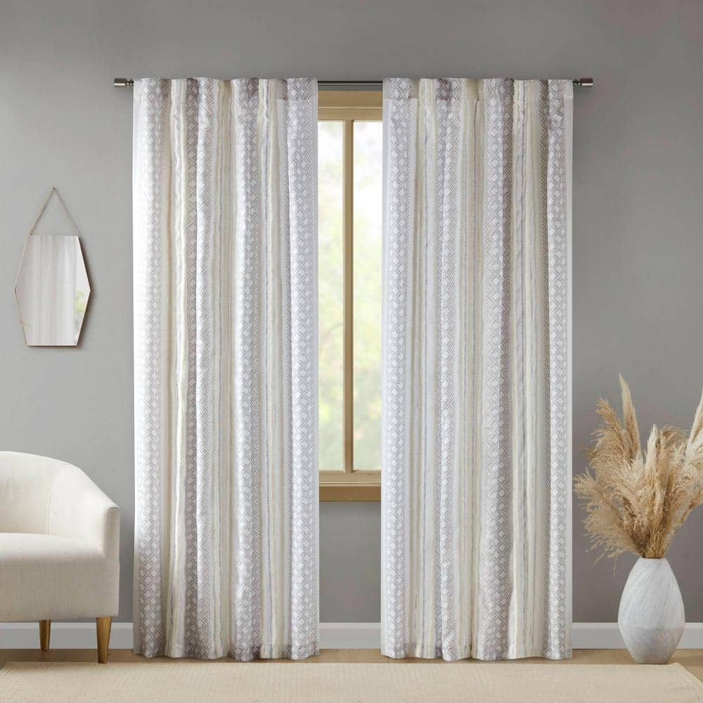 Ebby White and Taupe Geometric Velvet Polyester Window Panels