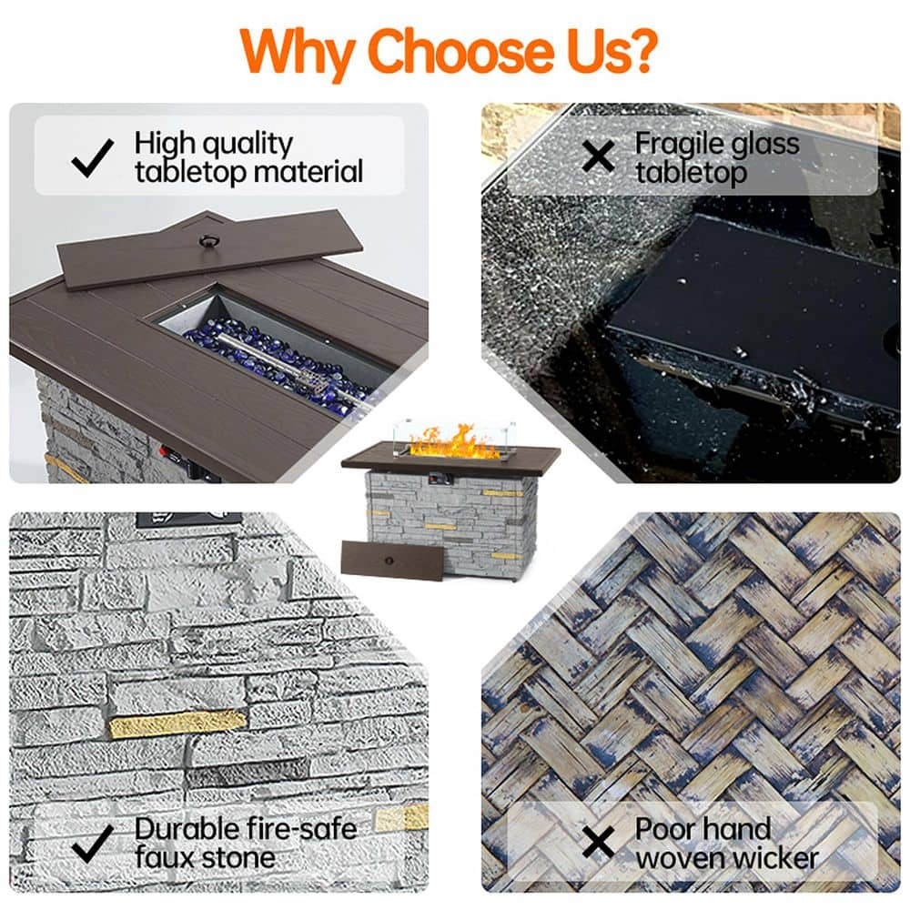 43" Propane Fire Pit Table Outdoor Rectangular Stone Firepit Table 50000 Btu Propane Fire Tables for Outside Patio with Glass Wind Guard, Lid, Fire Glass Beads, Pizzello Caldo (Gray Stone)