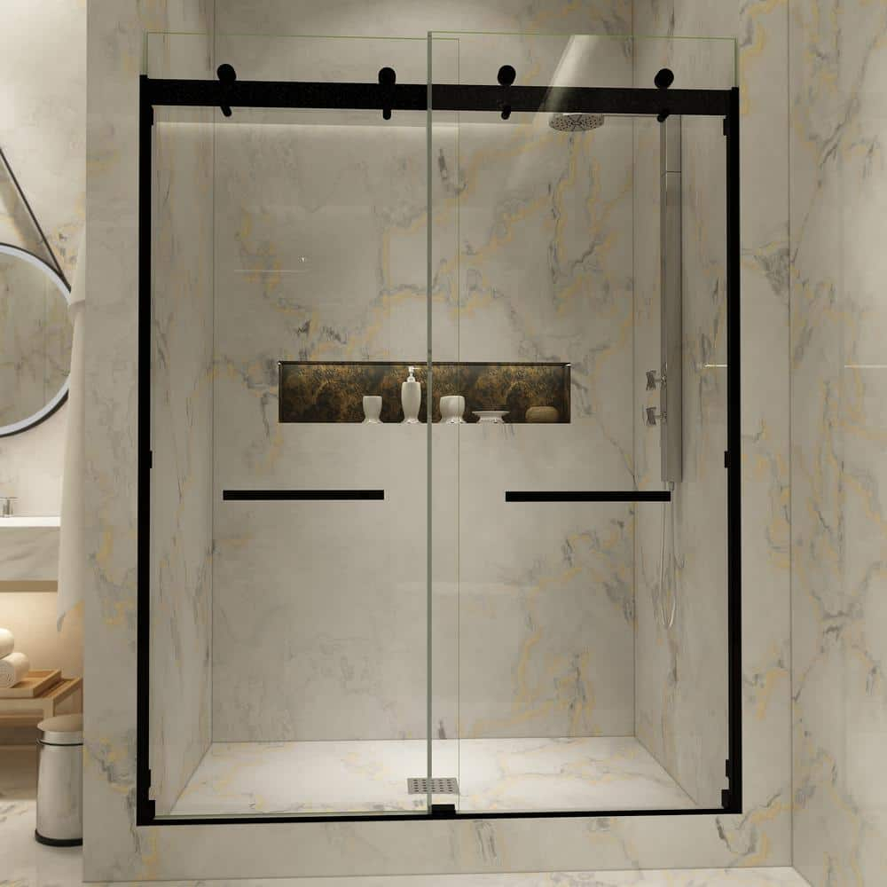Portofino Frameless Double Sliding Shower Door 44"-48" Width, 74" Height Clear Tempered Glass 3/8 with Matte Black finish & Stain Resistant Glass Coating by Fab Glass and Mirror