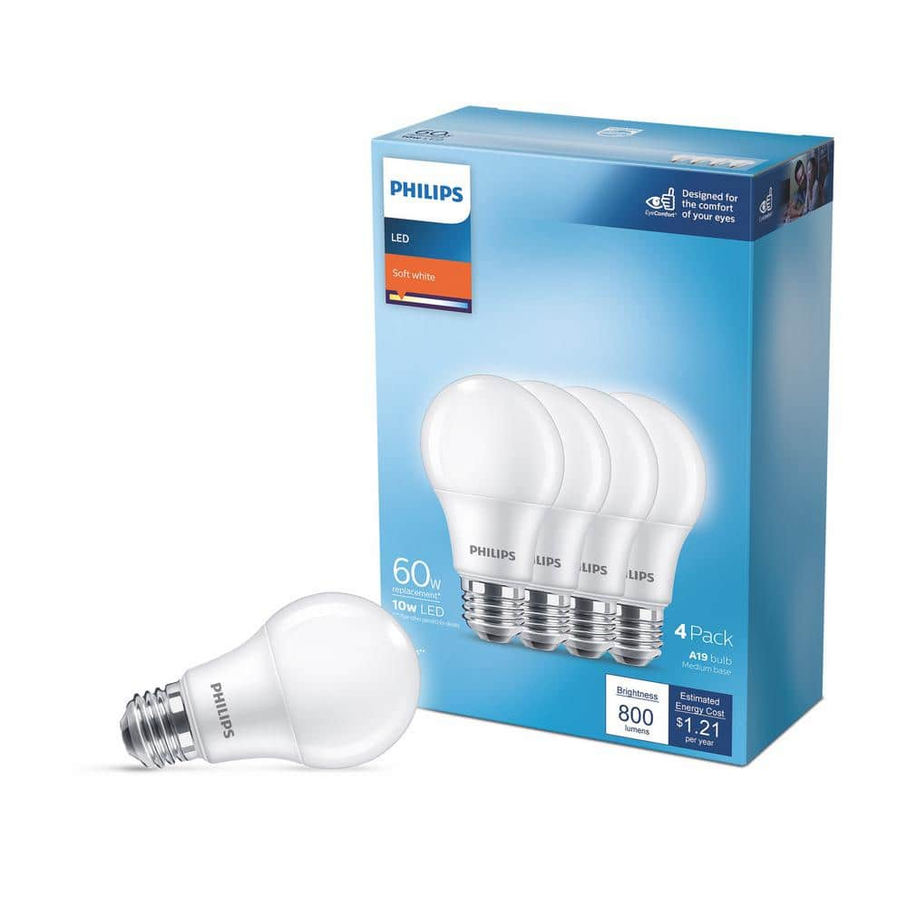 Philips LED 60-Watt A19 General Purpose Household Light Bulb, Frosted Soft White, Non-Dimmable, E26 Medium Base (4-Pack)