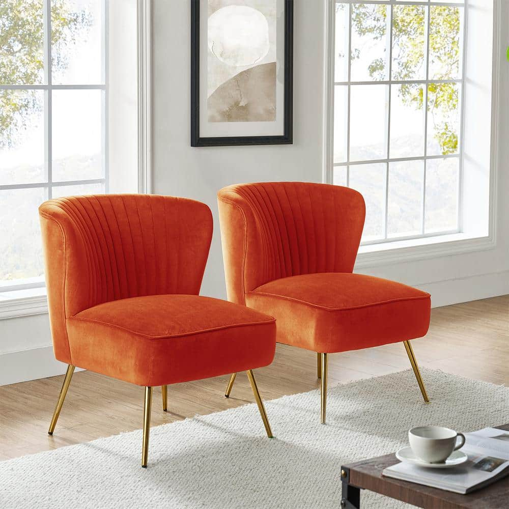 Velvet Accent Side Chair Set of 2 Transitional Armless Gold Leg Vanity Living Room Adult Orange