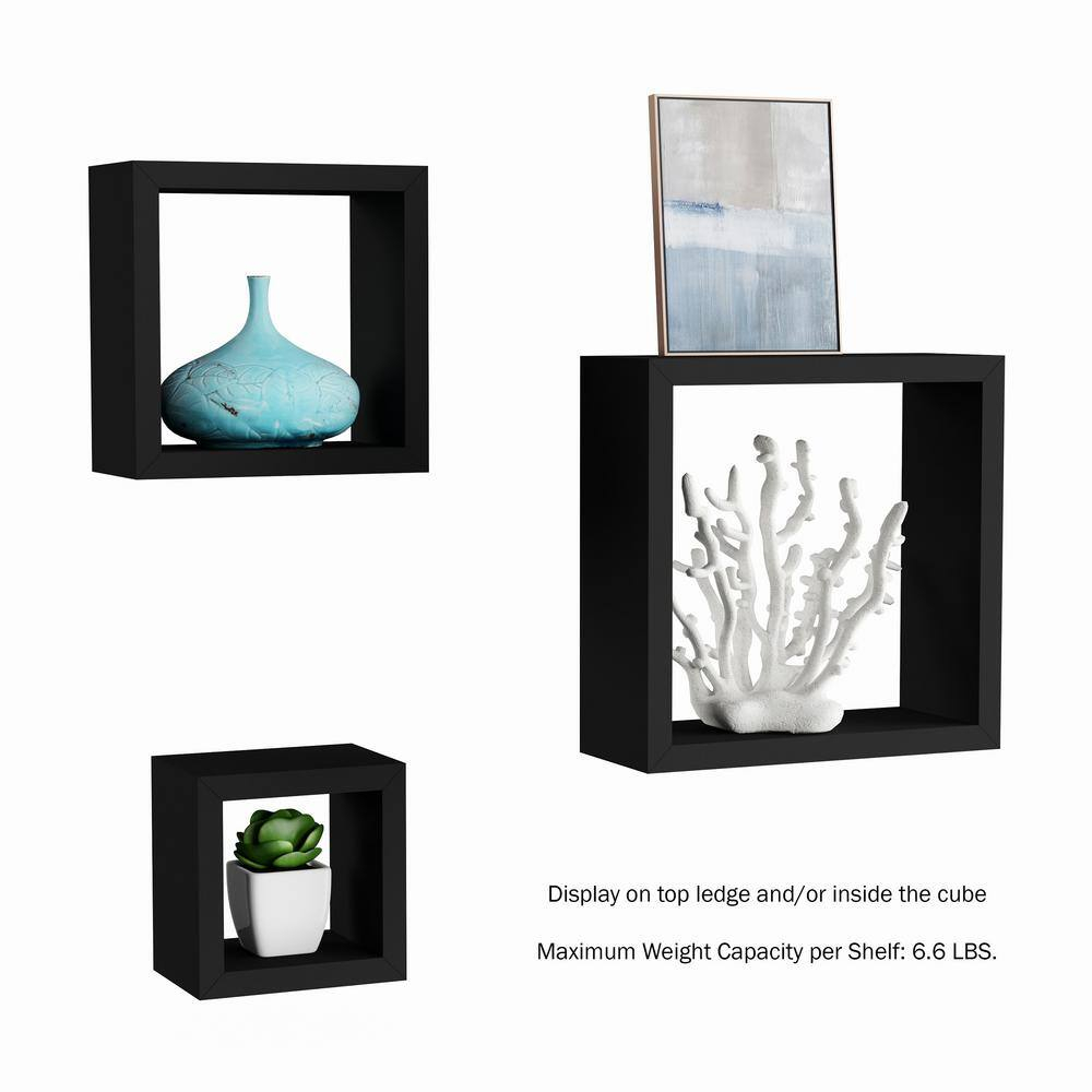 Floating Shelves- Cube Wall Shelf Set with Hidden Brackets, 3 Sizes to Display Decor, Books, Photos, More- Hardware Included by Lavish Home (Black)