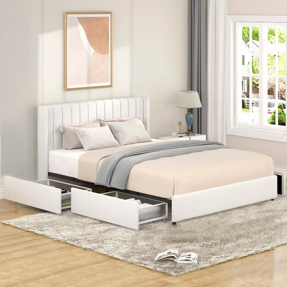 imerelez Anda Queen Size Ivory Boucle Upholstered Platform Bed with Patented 4 Drawers Storage, Tufted Headboard, Wooden Slat Mattress Support, No Box Spring Needed