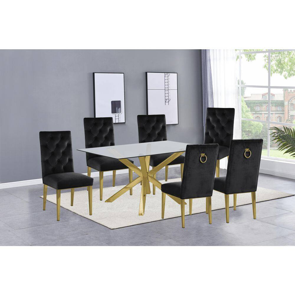 63"x 39" Rectangular Clear Glass 7pc Dining Set with Gold Stainless Steel
