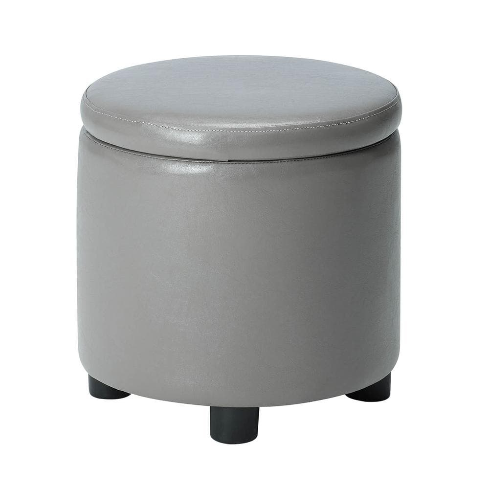 Designs4Comfort Round Accent Storage Ottoman with Reversible Tray Lid, Taupe Gray Faux Leather