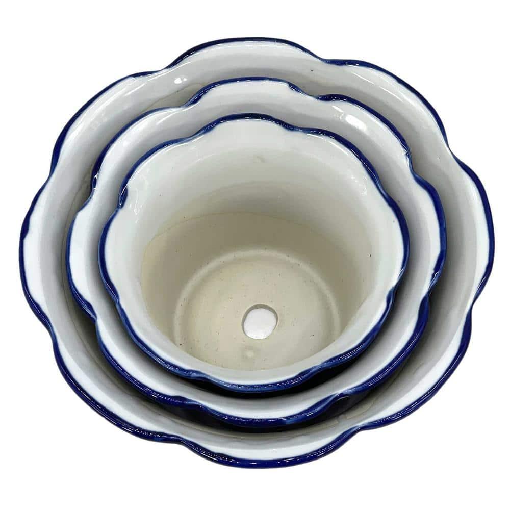 Set of 3 Blue & White Floral Ceramic Pots Ruffled Lip