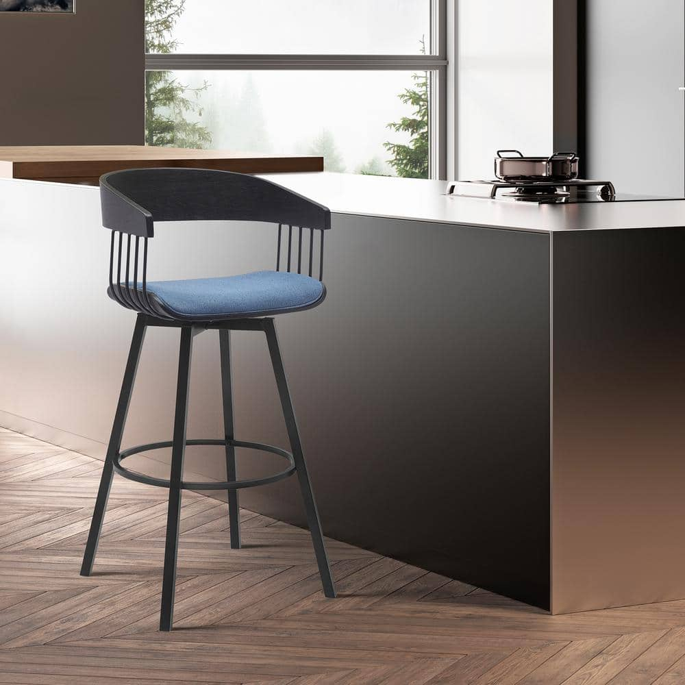 Armen Living Indoor Athena 27" Swivel Black Wood Counter Stool in Blue Fabric with Black Metal