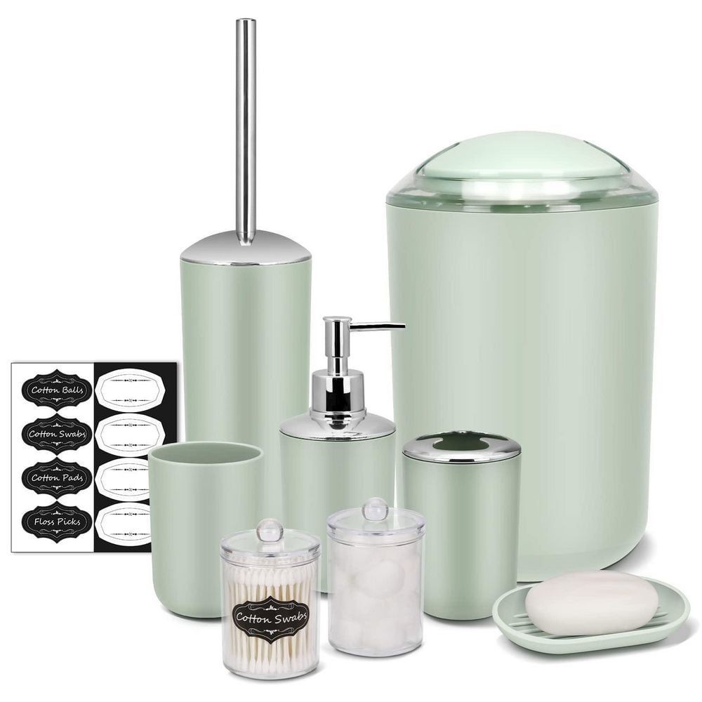 Green Plastic 9-Piece Bathroom Accessories Set with Labels
