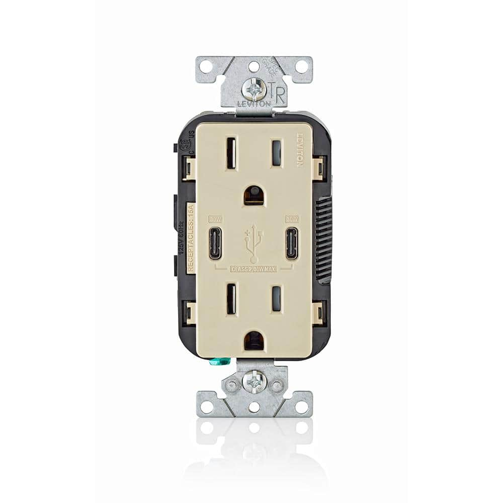 Tamper-Resistant T5635-I 15A 125V 30 watts Tamper-Resistant Duplex Outlet USB Dual Type-C with Power Delivery In-Wall Charger, Ivory