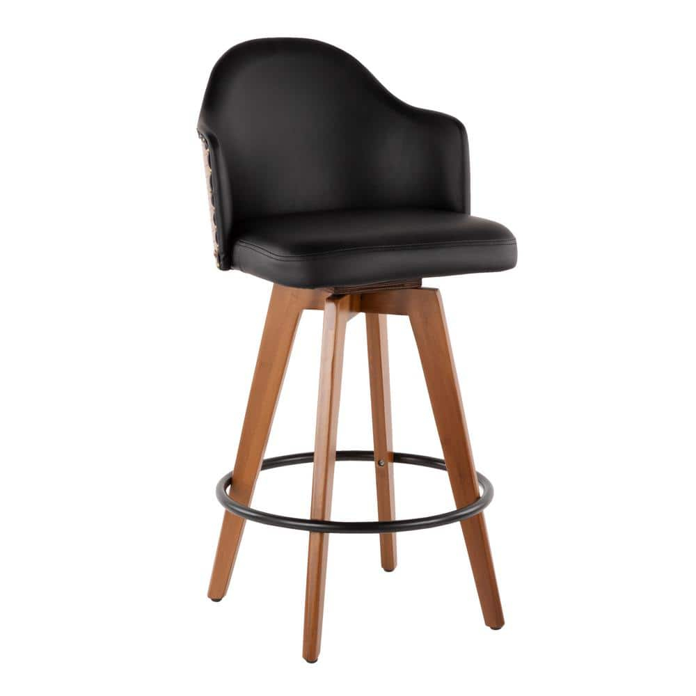 LumiSource Walnut Bamboo, Black PU, Black Metal, Brass Metal Ahoy Counter Stool
