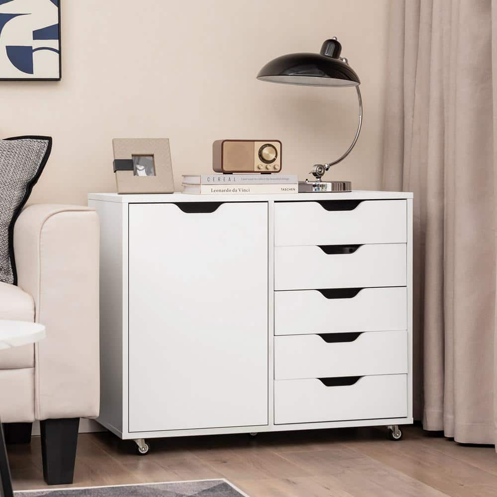 5-Drawer Chest with 1 Door, Wooden Chest of Drawers Storage Dresser Cabinet with Wheels, Office Organization and Storage, Bedroom Furniture (White-S)