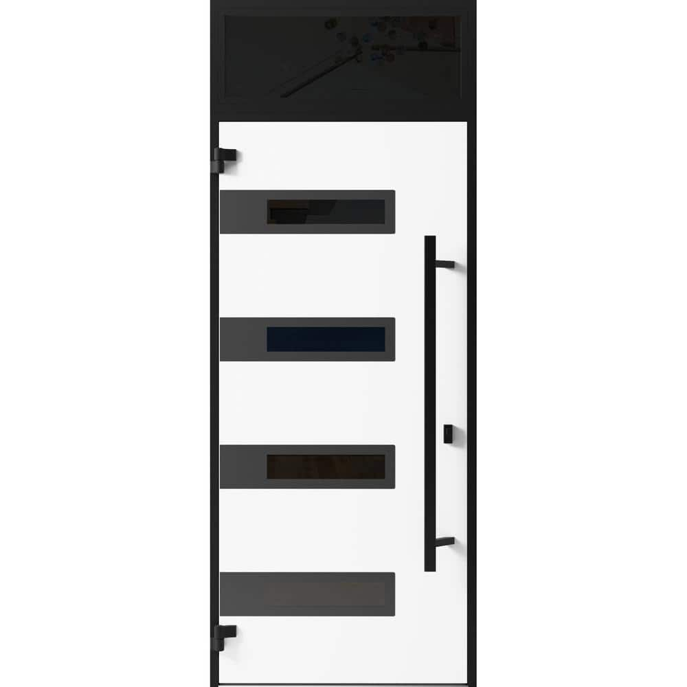 Front Exterior Prehung Steel Door / Ronex 0130 Grey / 2 Side and Top Exterior Window Sidelite / Entry Metal Modern Painted W14+36+14" x H80+16" Left hand Inswing