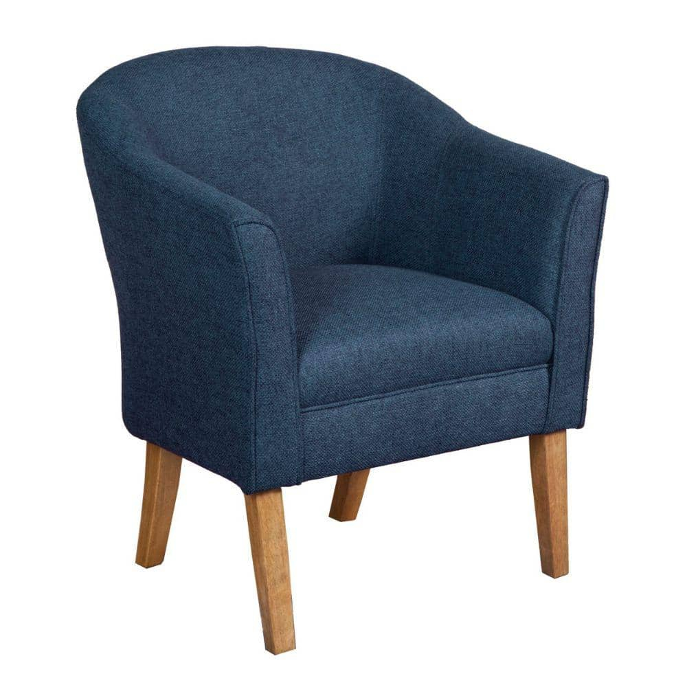 Fabric Upholstered Wooden Accent Chair with Curved Back in Blue and Brown