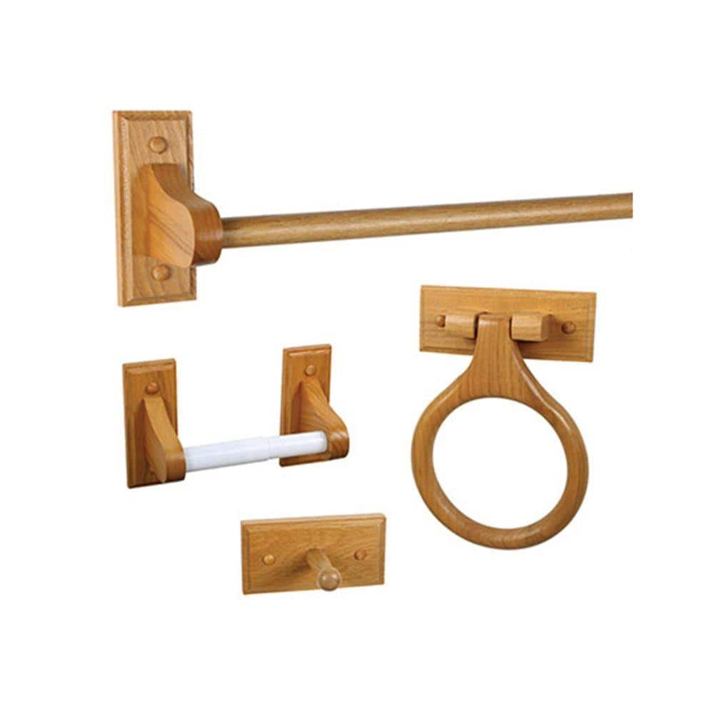 Dalton 4-Piece Bathroom Accessory Set, Honey Oak, Includes Towel Bar, Towel Ring, Toilet Paper Holder, and Robe Hook – Design House, 561258