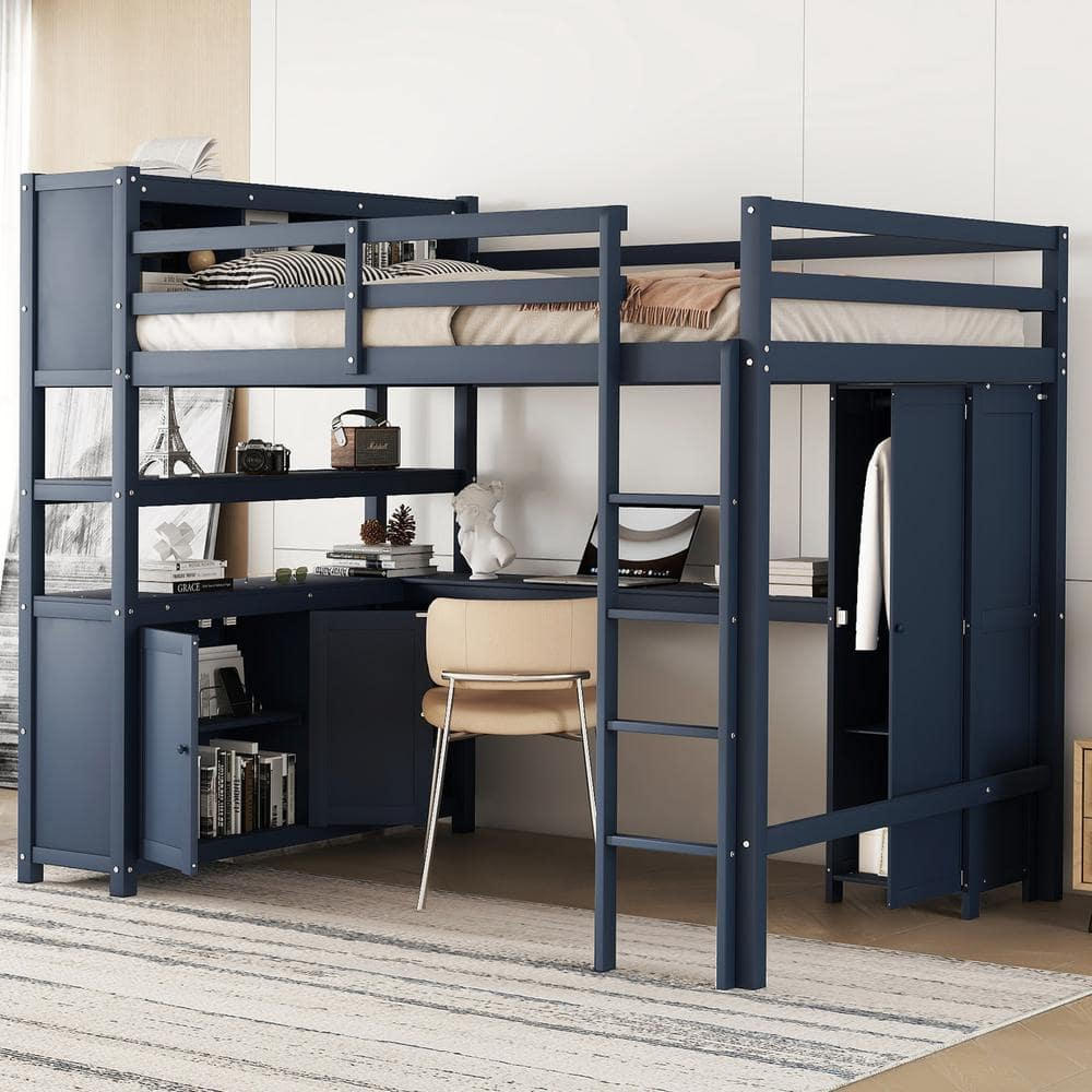 Dark Blue Full Size Wood Loft Bed with Wardrobe, Desk, Bookshelf and Cabinet