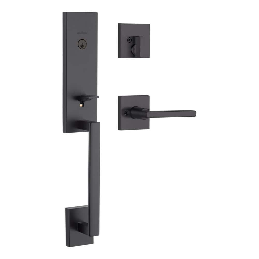 Vancouver Matte Black Keyed Entry Door Handleset with Halifax Passage Handle Featuring SmartKey Security