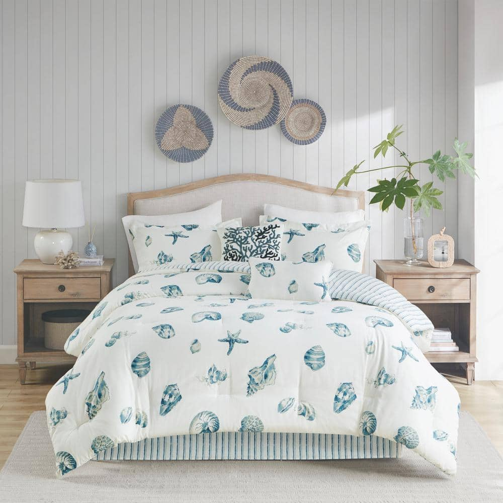 100% Cotton Duvet Cover, Seashells Duvet Cover Set Light Weight Bed Comforter Covers, Beach House Blue Ivory King/Cal King (106"x90") 3 Piece