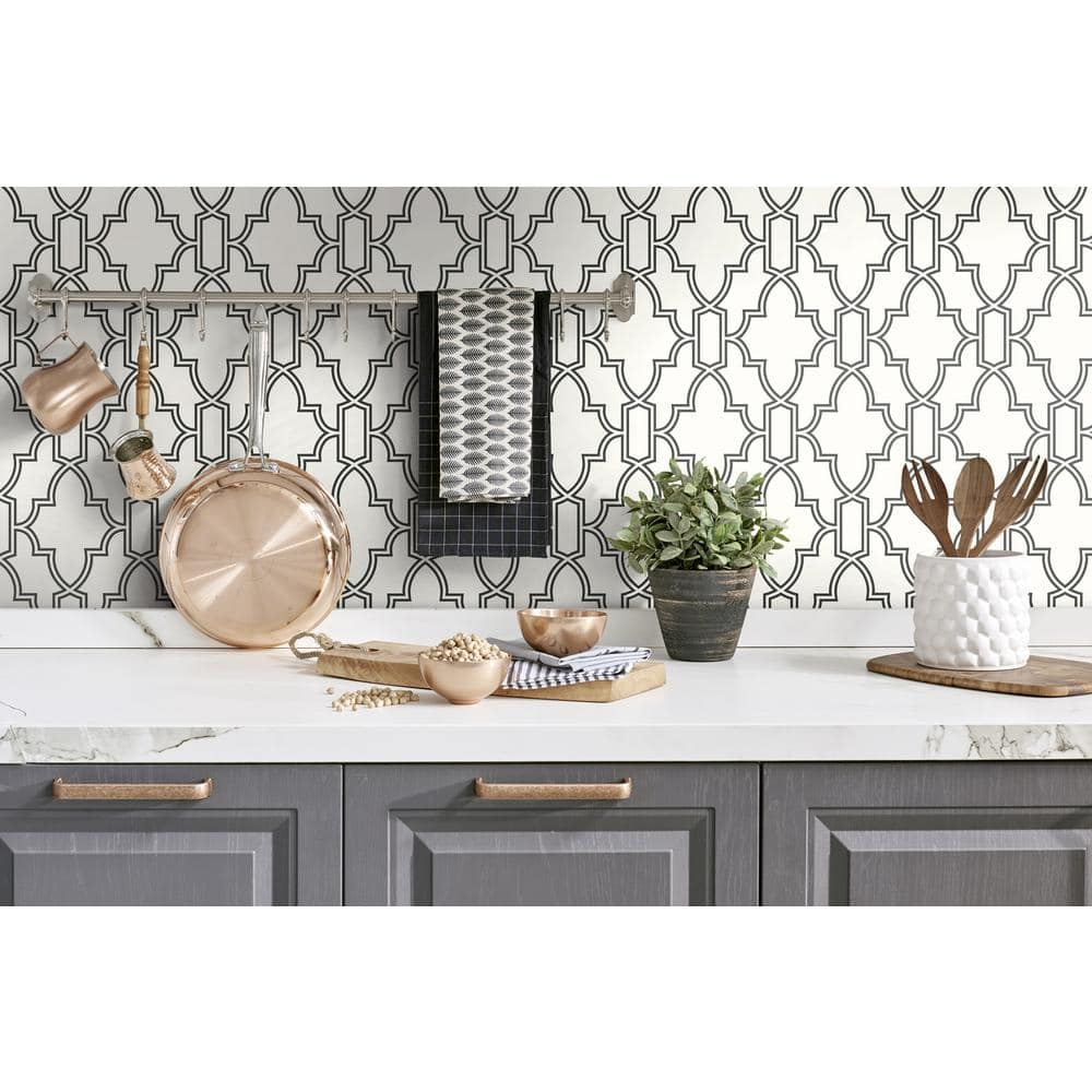 NextWall  Black and White Tile Trellis Peel and Stick Wallpaper - 20.5 in. W x 18 ft. L