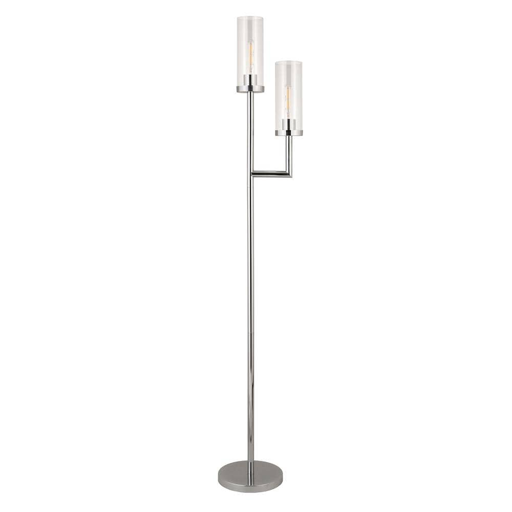 Evelyn&Zoe Basso 2-Light Torchiere Floor Lamp with Glass Shade in Polished Nickel/Clear