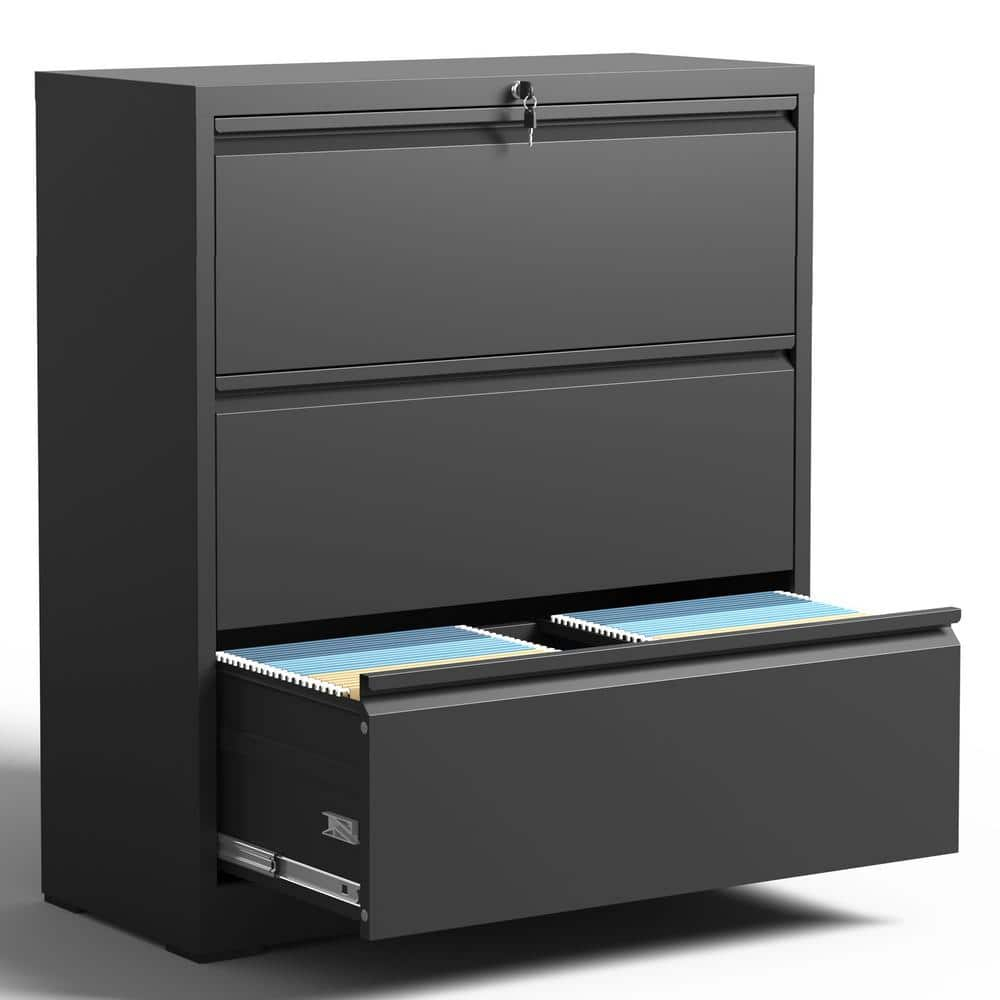 Black Metal 3-Drawer Lockable Lateral File Cabinet
