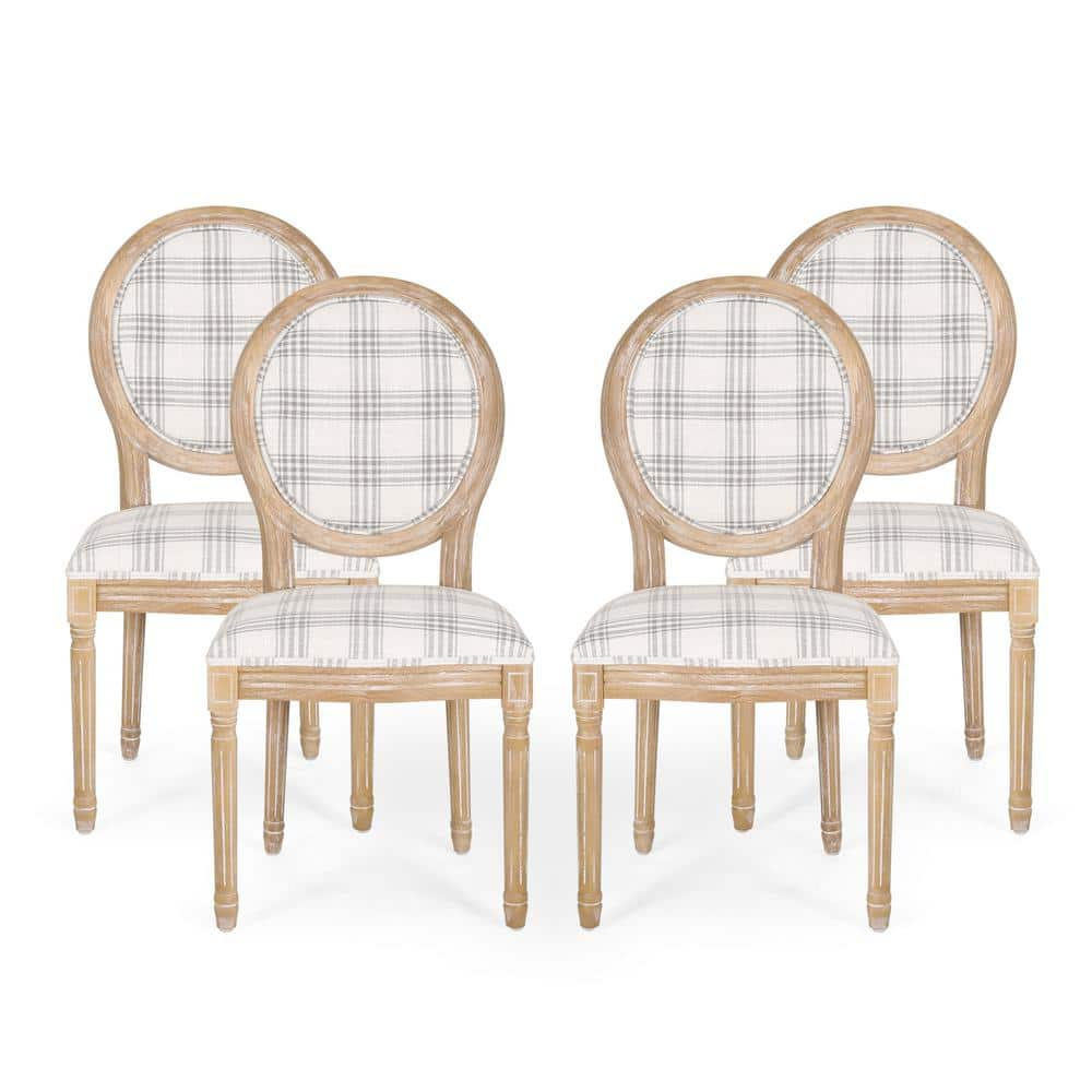 Noble House Karter French Fabric Dining Chairs, Set of 4, Gray Plaid