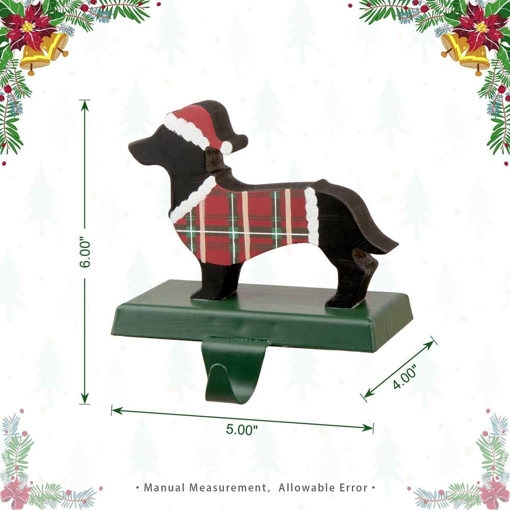 Plaid Dachshund Wooden and Metal Christmas Stocking Holders, Set of 2