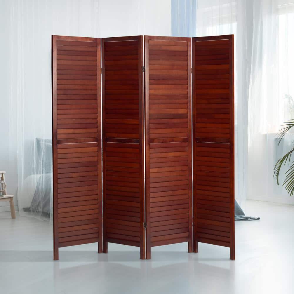 Oriental Furniture 6 ft. Tall Wooden Louvered Room Divider Walnut 4 Panel